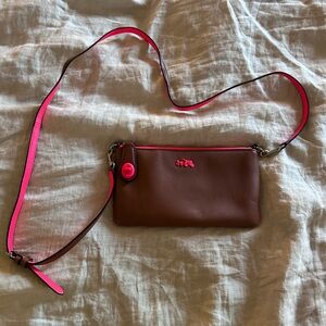 Coach Brown Leather Crossbody Clutch with Pink Interior/Accents